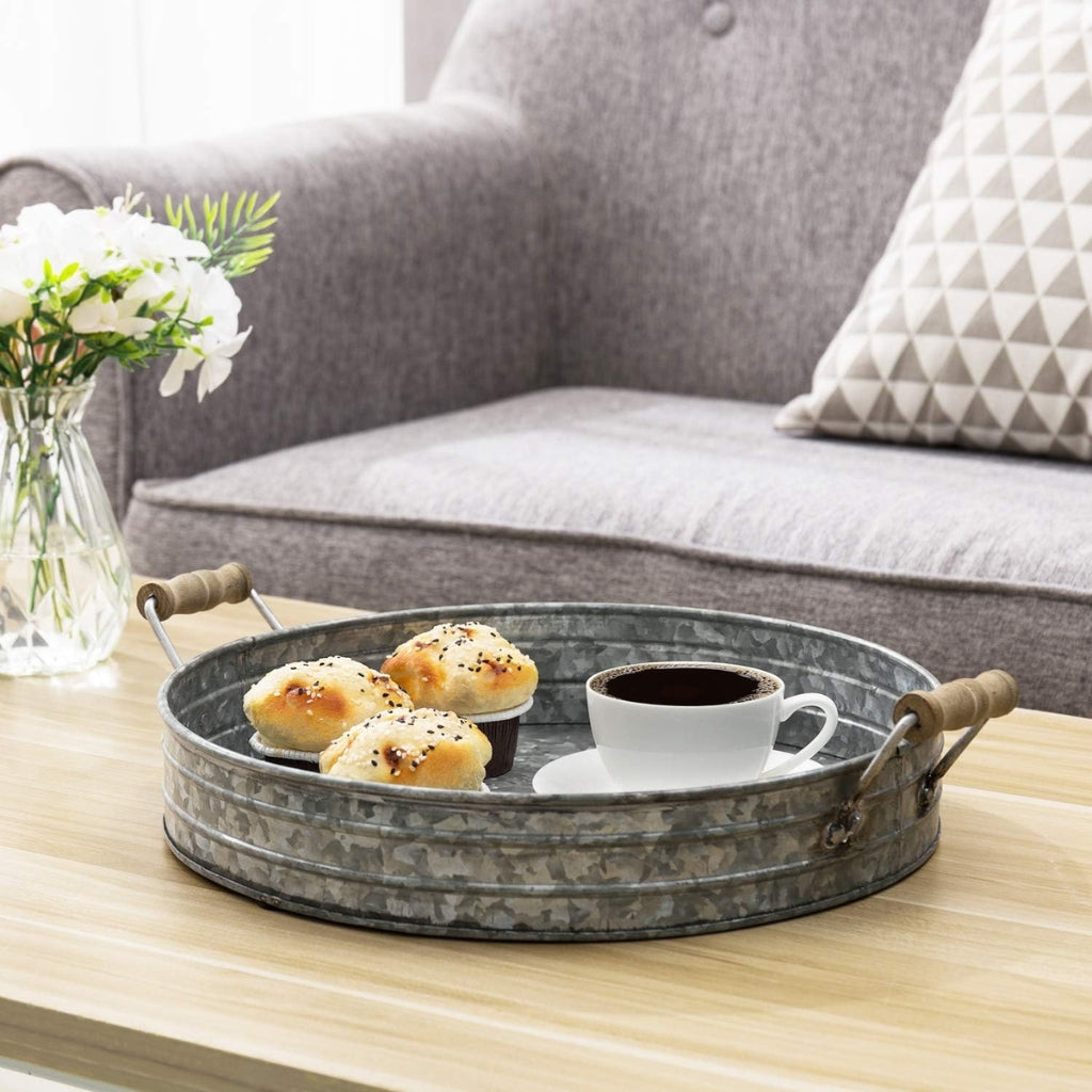 Gravoks 16.5 Inch Galvanized Metal Round Decorative Tray with Mango Wood Handles