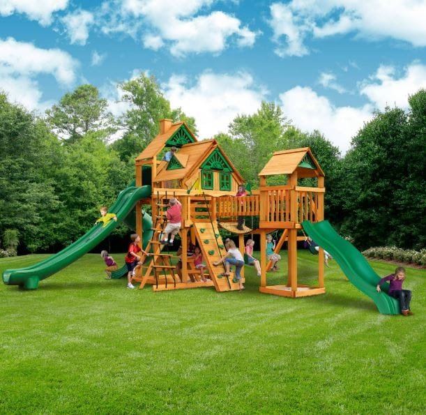 Gorilla Playsets Treasure Trove II Treehouse Wooden Swing Set with 3 Slides