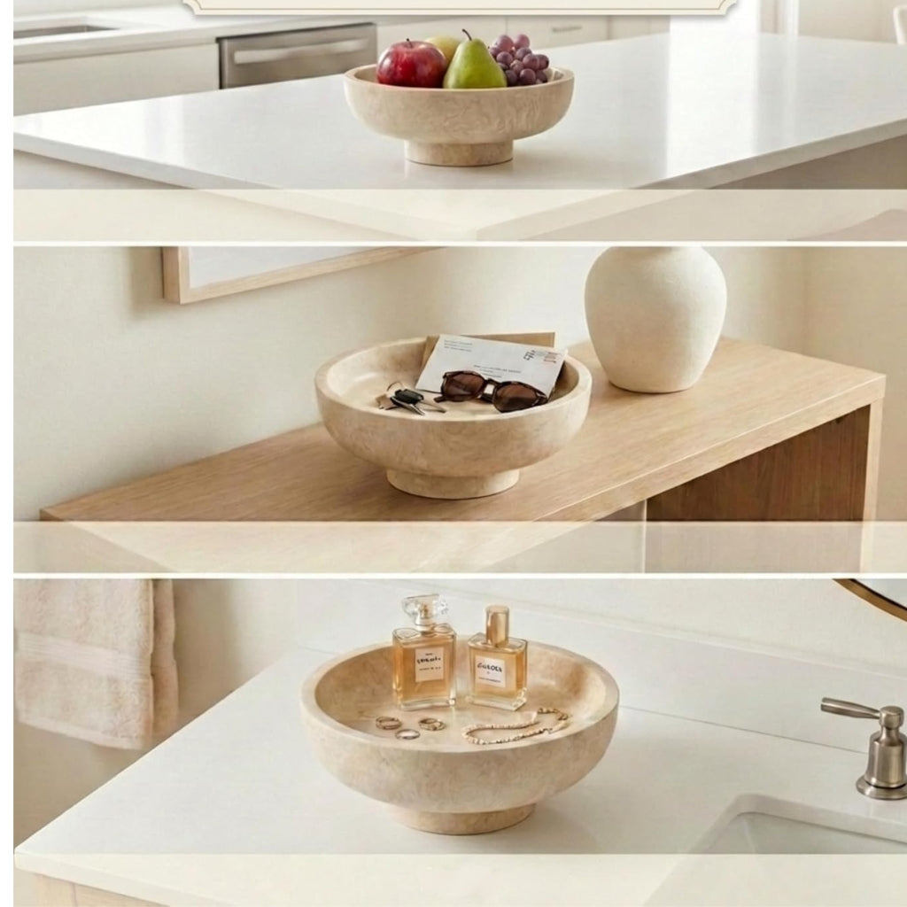 Gravoks Large Beige Resin Pedestal Fruit Bowl for Kitchen Counter