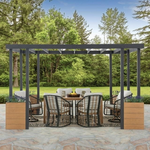 Sunjoy Marbella 10 x 12 ft. Outdoor Patio Black Steel Frame Pergola with Planters