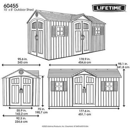 Lifetime 15′ x 8′ Dual Entry Outdoor Storage Shed, Gray
