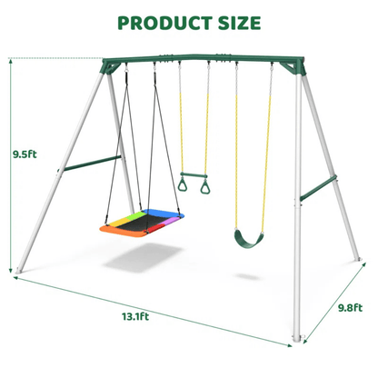 9.5′ Heavy Duty Metal Swing Set with Belt Swing, Trapeze Bar