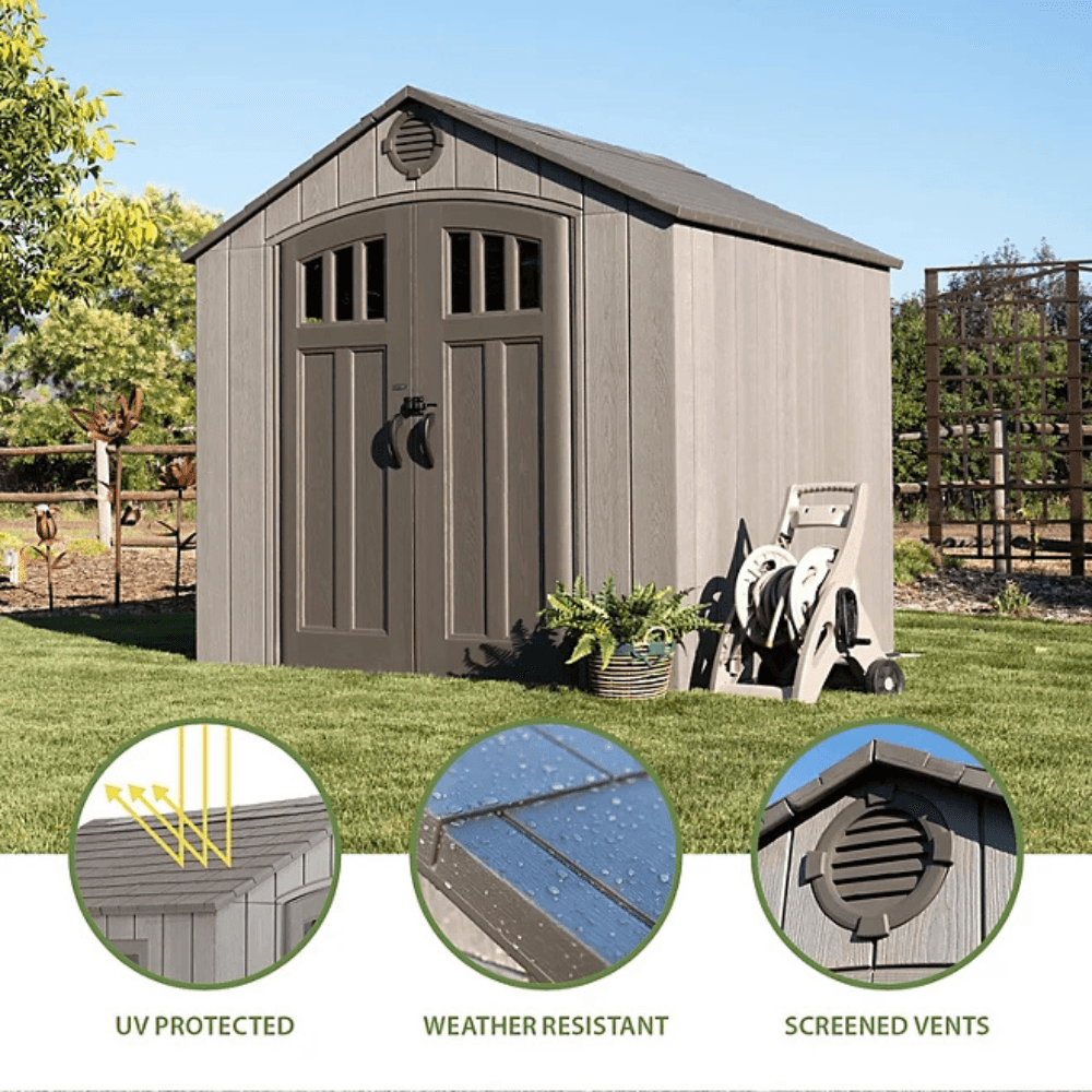 Lifetime 8’x 7.5′ Outdoor Storage Shed, Light Brown