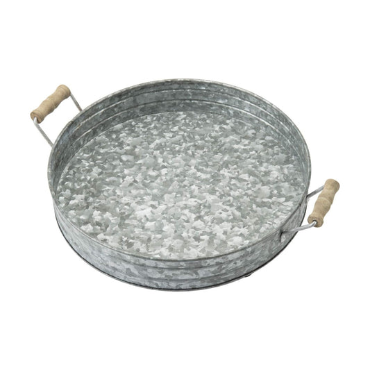 Gravoks 16.5 Inch Galvanized Metal Round Decorative Tray with Mango Wood Handles
