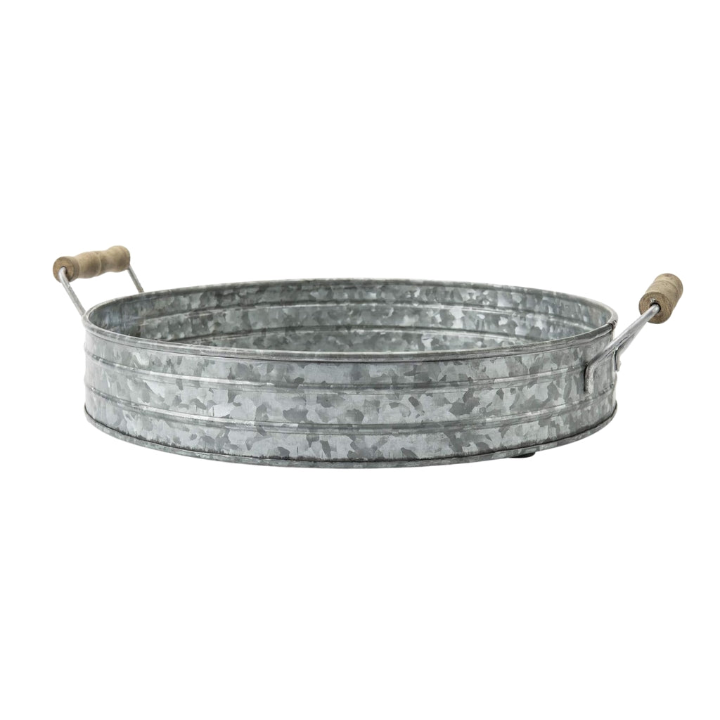 Gravoks 16.5 Inch Galvanized Metal Round Decorative Tray with Mango Wood Handles
