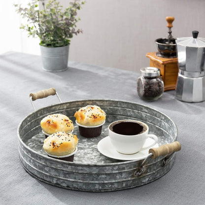 Gravoks 16.5 Inch Galvanized Metal Round Decorative Tray with Mango Wood Handles