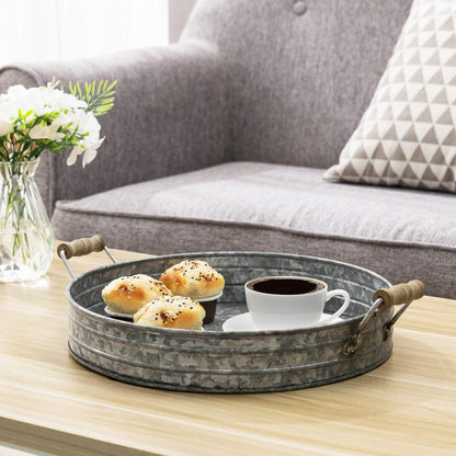 Gravoks 16.5 Inch Galvanized Metal Round Decorative Tray with Mango Wood Handles