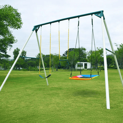 9.5′ Heavy Duty Metal Swing Set with Belt Swing, Trapeze Bar