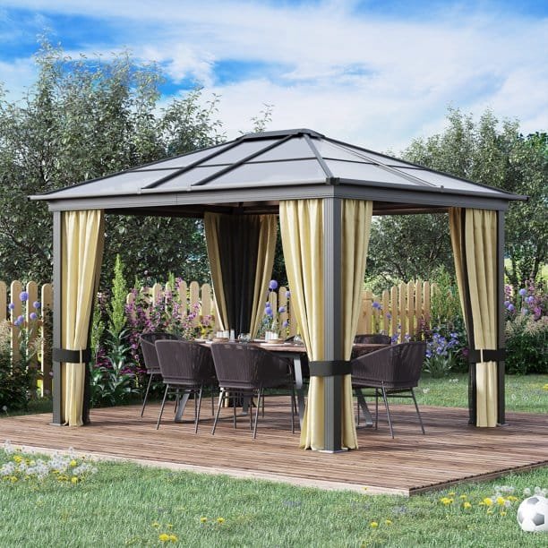Outsunny 12′ x 10′ Aluminum Patio Gazebo Canopy w/ Polycarbonate Hardtop Roof