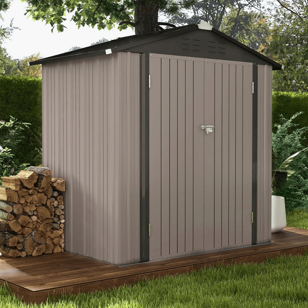 6 ft. W x 4 ft. D Outdoor Storage Brown Metal Shed with Sloping Roof and Double Lockable Door (24.8 sq. ft.)