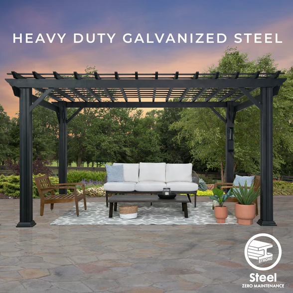 Stratford 14 Ft. X 10 Ft. Black Steel Traditional Pergola with Sail Shade Soft Canopy