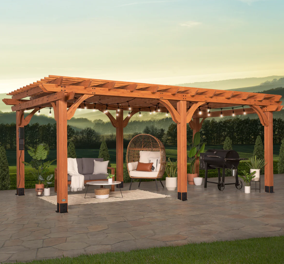 Beaumont 20 ft. x 12 ft. Light Brown Traditional Outdoor All Cedar Wood Patio Pergola Shade Structure with Electric
