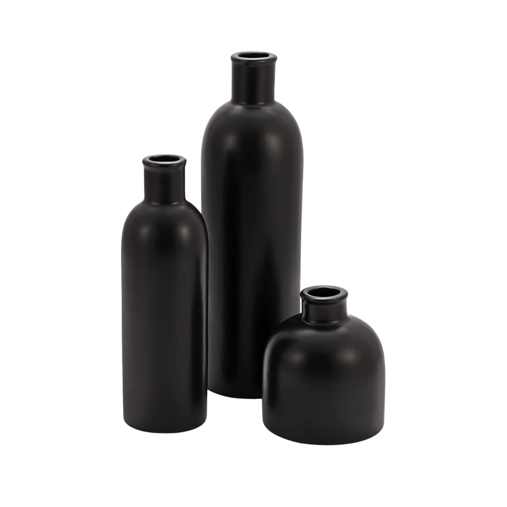 Gravoks 3-Piece Matte Black Ceramic Vase Set for Home Table Decor