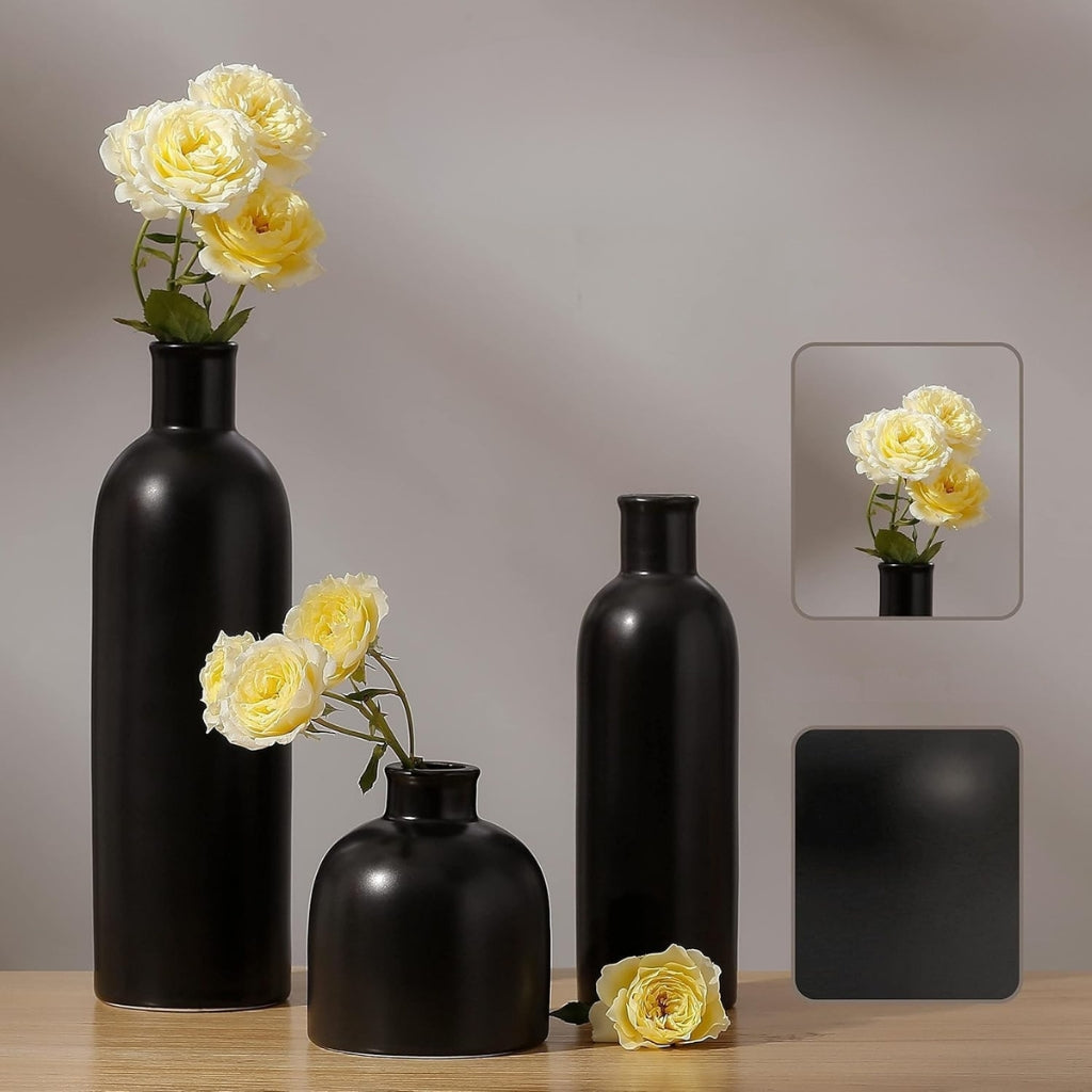 Gravoks 3-Piece Matte Black Ceramic Vase Set for Home Table Decor