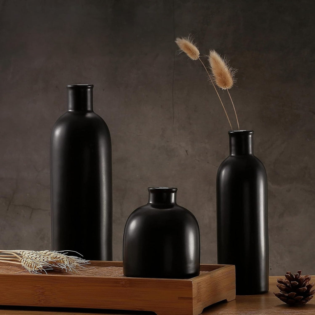 Gravoks 3-Piece Matte Black Ceramic Vase Set for Home Table Decor