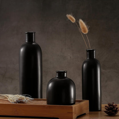 Gravoks 3-Piece Matte Black Ceramic Vase Set for Home Table Decor