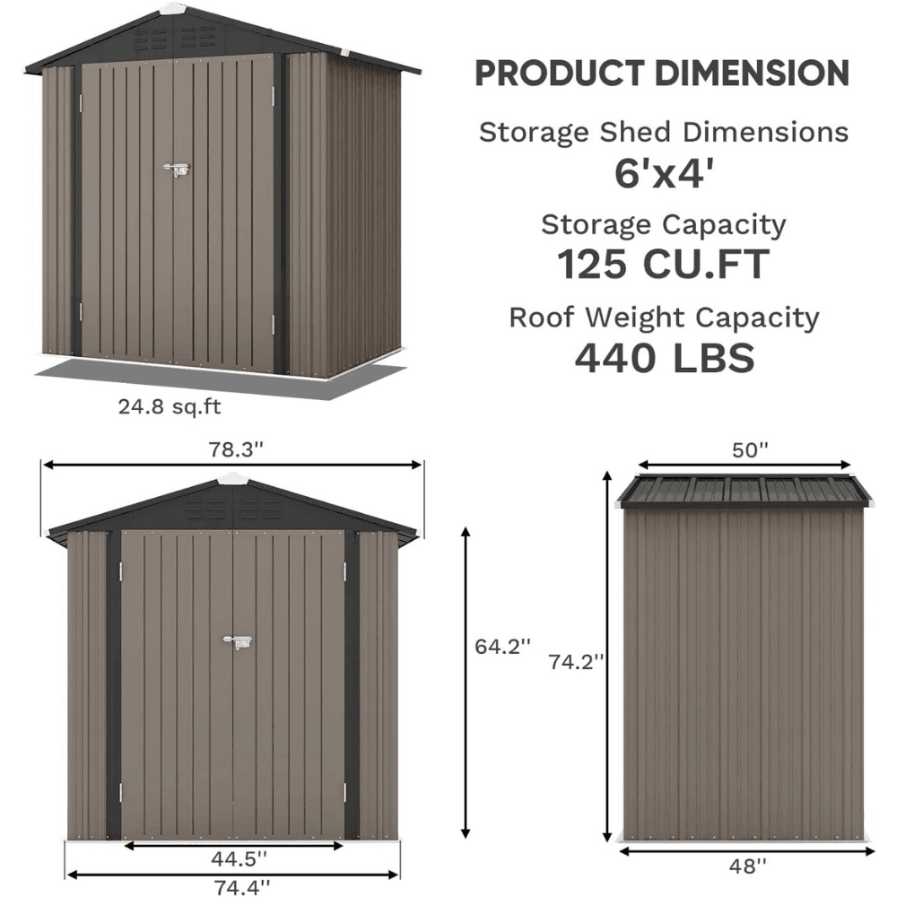 6 ft. W x 4 ft. D Outdoor Storage Brown Metal Shed with Sloping Roof and Double Lockable Door (24.8 sq. ft.)