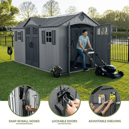 Lifetime 15′ x 8′ Dual Entry Outdoor Storage Shed, Gray