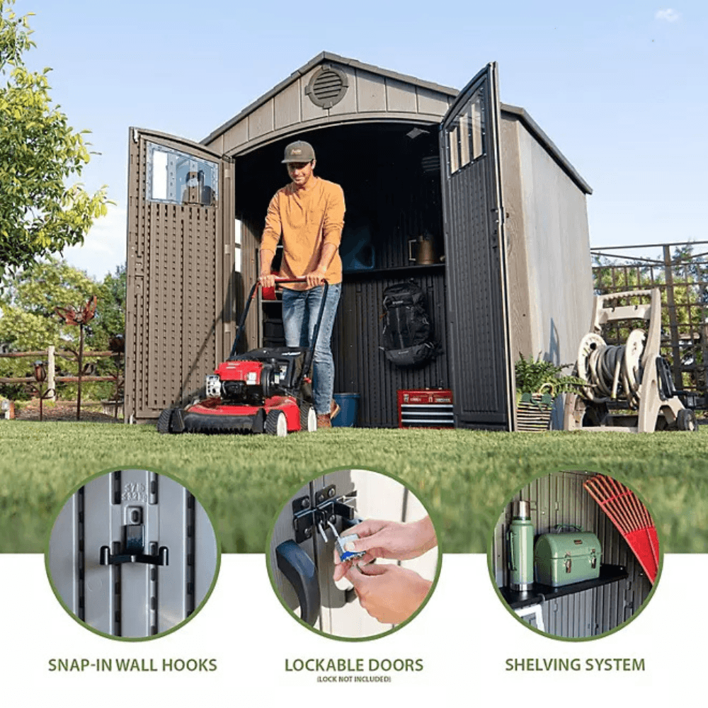 Lifetime 8’x 7.5′ Outdoor Storage Shed, Light Brown