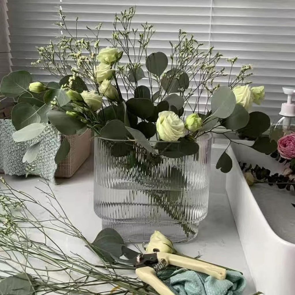 Gravoks Clear Textured Striped Glass Vase for Home Décor