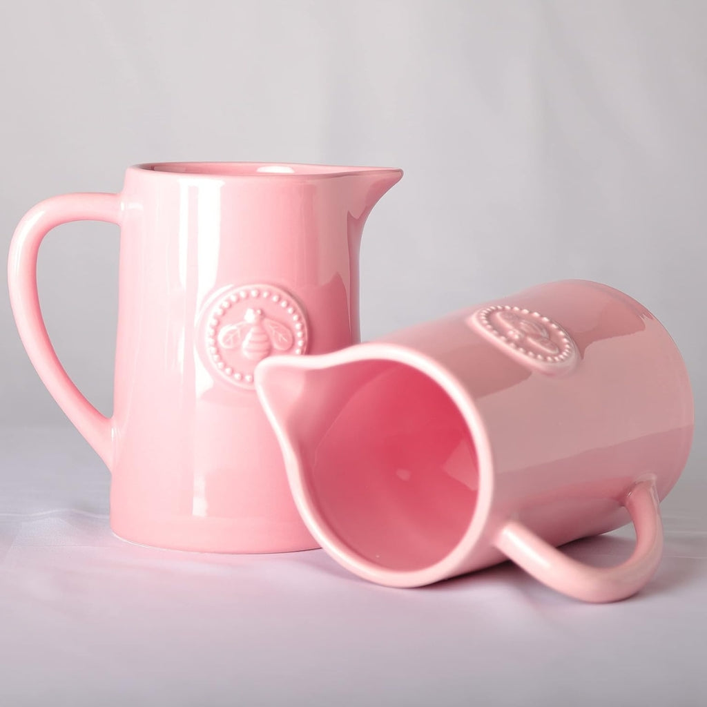 Set of 2 Pink Ceramic Pitcher Vases for Flowers, 1000 ml