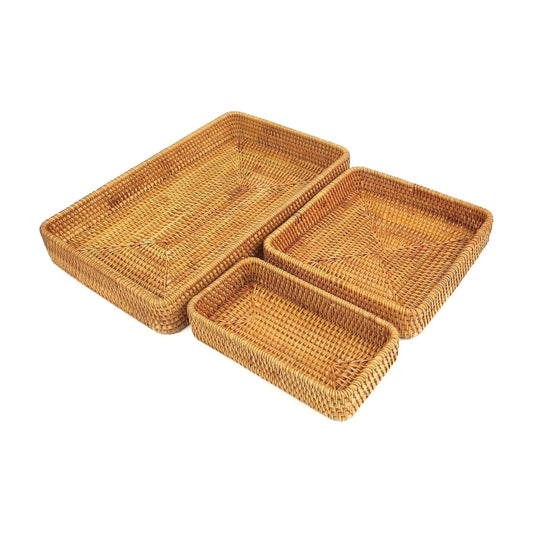 Gravoks Set of 3 Honey Brown Rectangular Rattan Storage Baskets