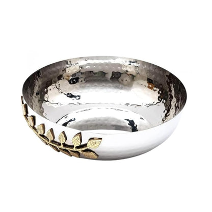 Gravoks Silver Hammered Stainless Steel Decorative Bowl with Leaf Trim, 10-inch
