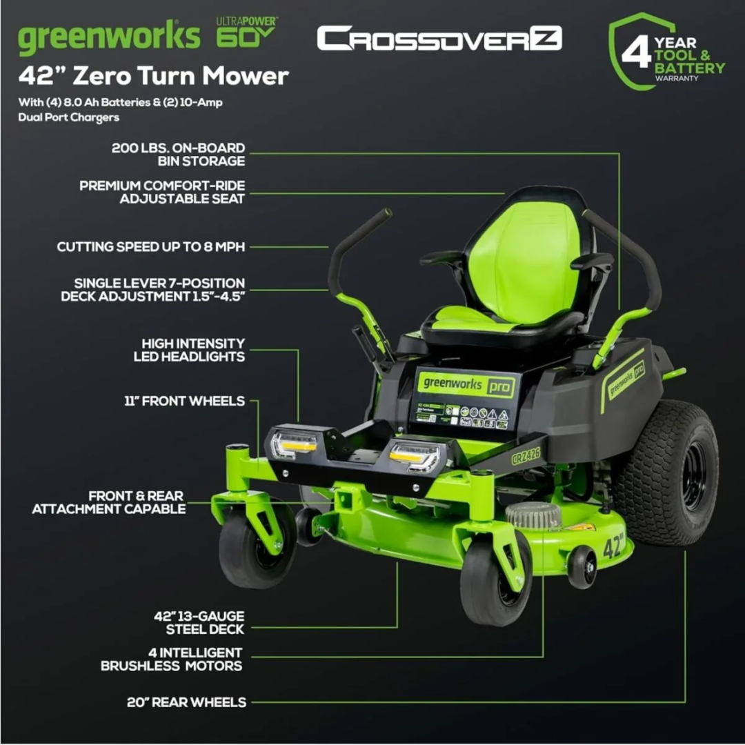Greenworks 60V 42” Cordless Electric CrossoverZ Zero Turn Riding Mower