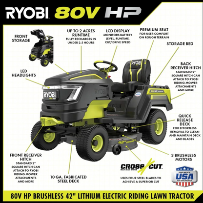 Ryobi 80V HP Brushless 42 in. Battery Electric Cordless Riding Lawn Tractor