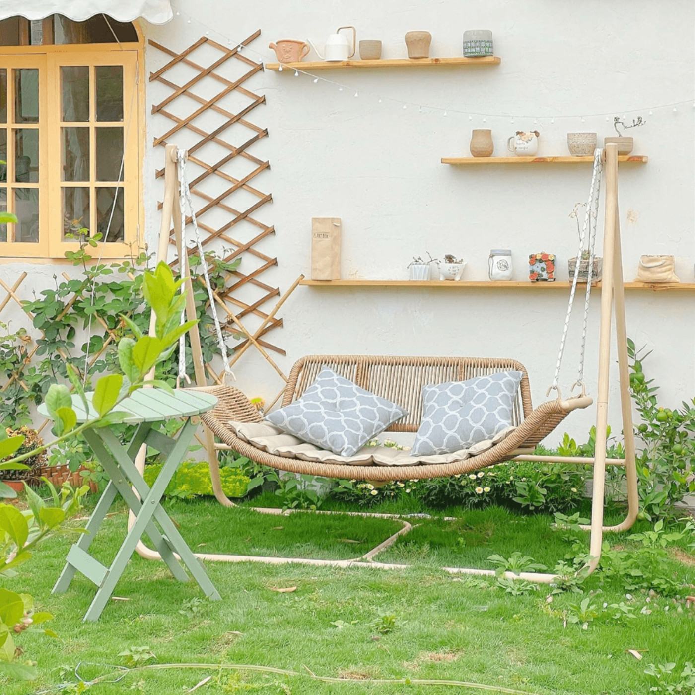 2 Seat Cloud Swing Chair with Cushion and Pillows Included Purple Leaf Cushion Color: Khaki