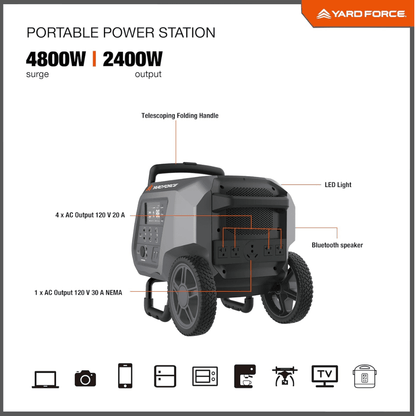 Yard Force Portable Power Station 2400-Watt Continuous 4800-Watt Peak, Bluetooth speaker