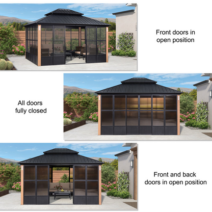 12′ x 14′ Hardtop Aluminum Gazebo with Galvanized Steel Roof & Sliding Doors