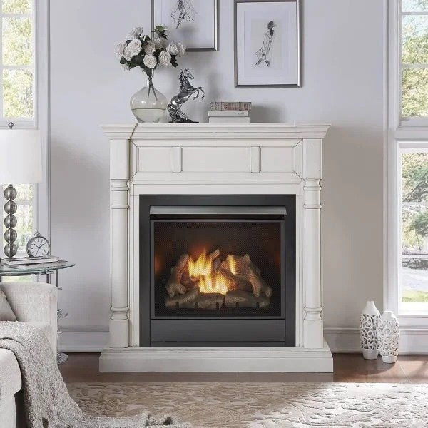 Duluth Forge Full Size Dual Fuel Ventless Gas Fireplace With Mantel – 32,000 BTU, Remote Control, Antique White Finish