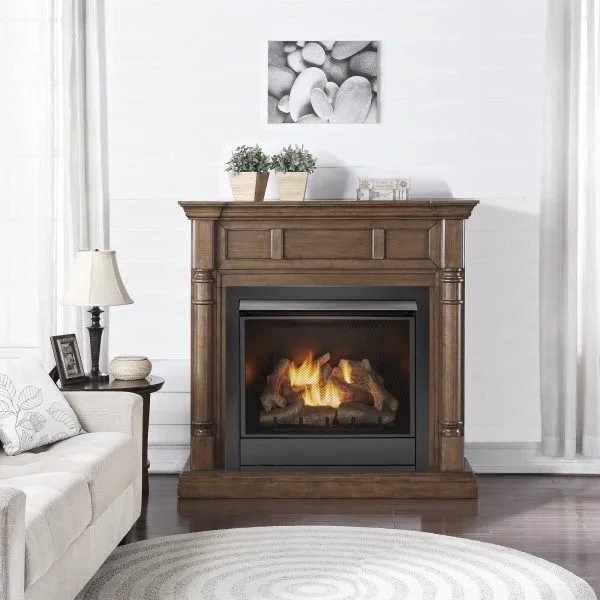 Duluth Forge Full Size Dual Fuel Ventless Gas Fireplace With Mantel – 32,000 BTU, Remote Control, Walnut Finish – Model# FDI3