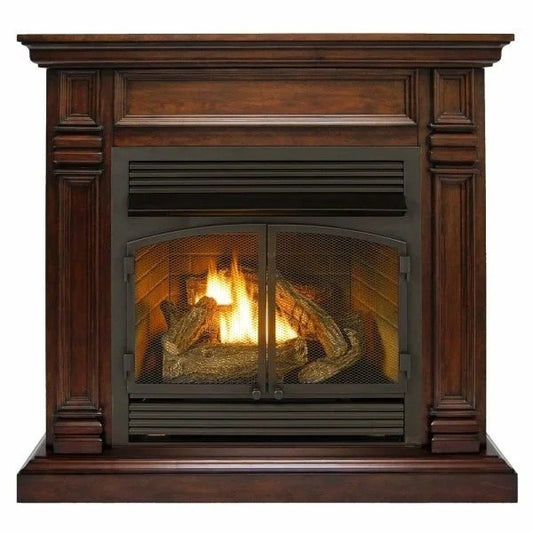 Duluth Forge Dual Fuel Ventless Gas Fireplace With Mantel – 32,000 BTU, T-Stat. Control, Auburn Cherry Finish
