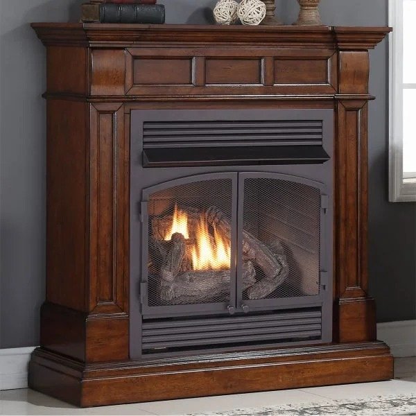 Duluth Forge Dual Fuel Ventless Gas Fireplace With Mantel – 32,000 BTU, T-Stat. Control, Auburn Cherry Finish