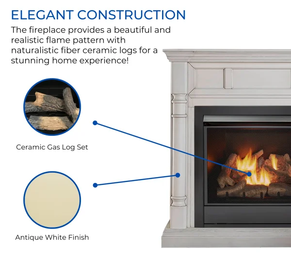 Duluth Forge Full Size Dual Fuel Ventless Gas Fireplace With Mantel – 32,000 BTU, Remote Control, Antique White Finish