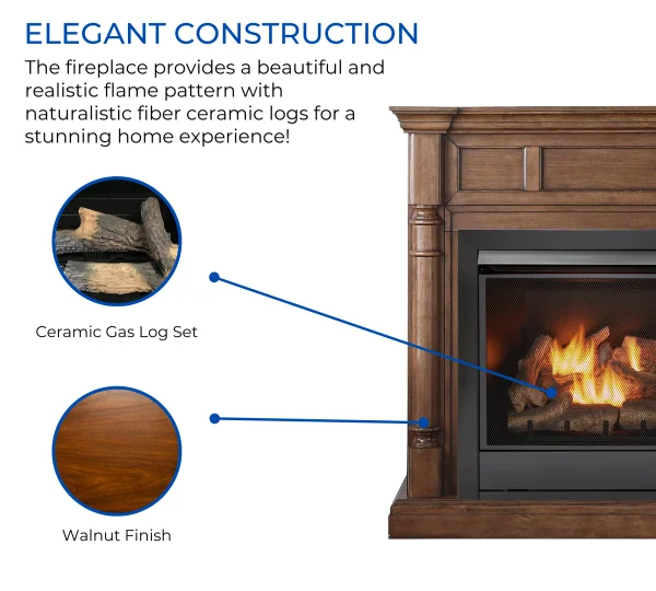 Duluth Forge Full Size Dual Fuel Ventless Gas Fireplace With Mantel – 32,000 BTU, Remote Control, Walnut Finish – Model# FDI3
