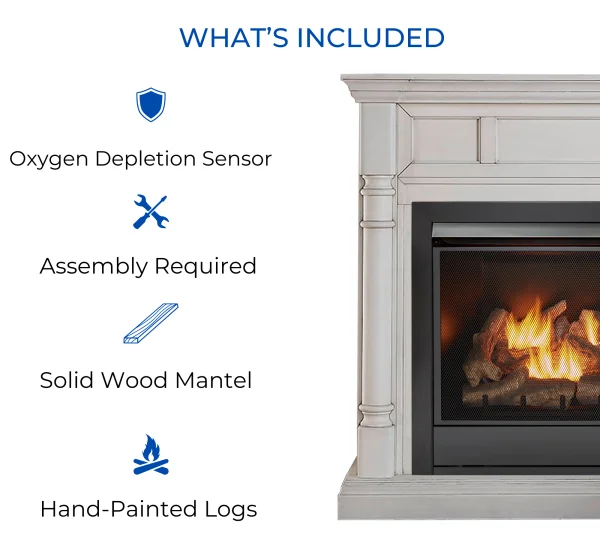 Duluth Forge Full Size Dual Fuel Ventless Gas Fireplace With Mantel – 32,000 BTU, Remote Control, Antique White Finish