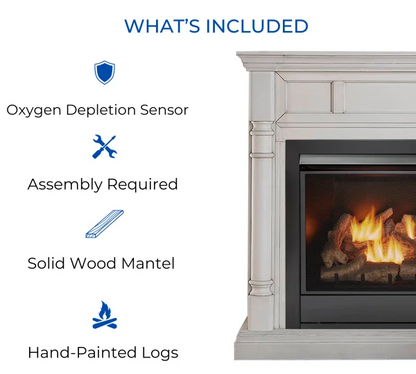 Duluth Forge Full Size Dual Fuel Ventless Gas Fireplace With Mantel – 32,000 BTU, Remote Control, Antique White Finish
