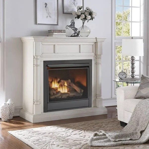 Duluth Forge Full Size Dual Fuel Ventless Gas Fireplace With Mantel – 32,000 BTU, Remote Control, Antique White Finish