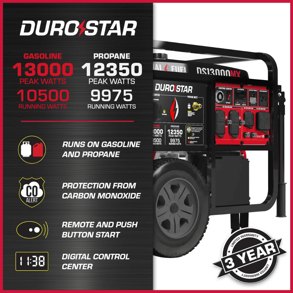 13000-Watt Push Button Start Dual Fuel Gas and Propane Powered Portable Generator