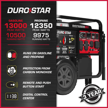 13000-Watt Push Button Start Dual Fuel Gas and Propane Powered Portable Generator