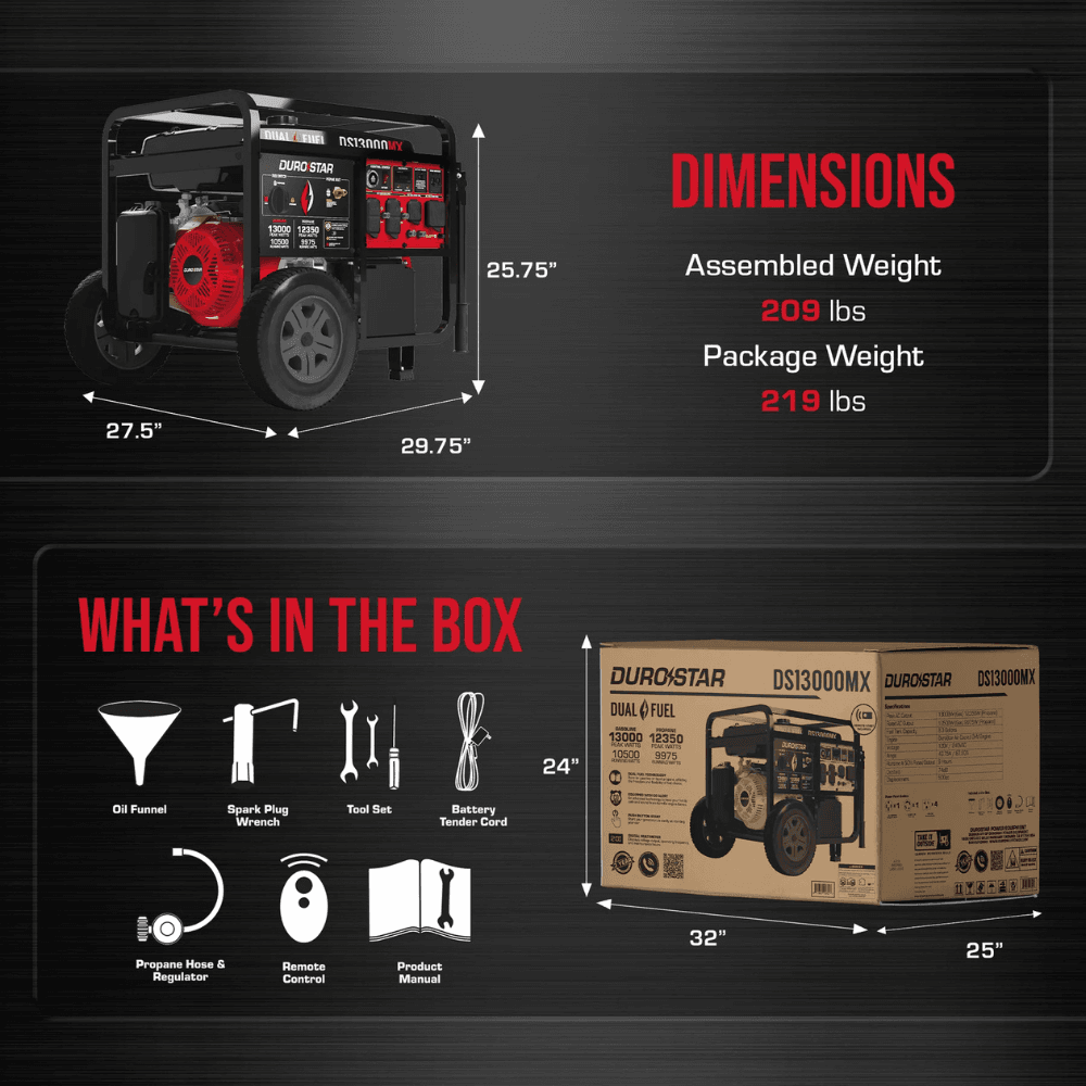 13000-Watt Push Button Start Dual Fuel Gas and Propane Powered Portable Generator