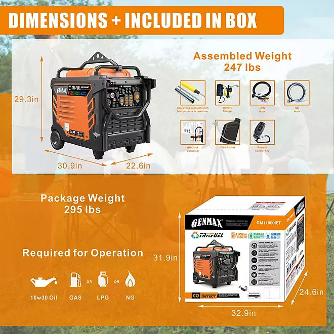 Genmax Portable Inverter Generator, 11000-Watt Tri-Fuel Remote Start CO Sensor